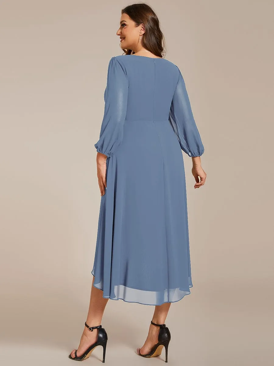 Long Sleeves Asymmetrical Hem A-Line Midi Wedding Guest Dress