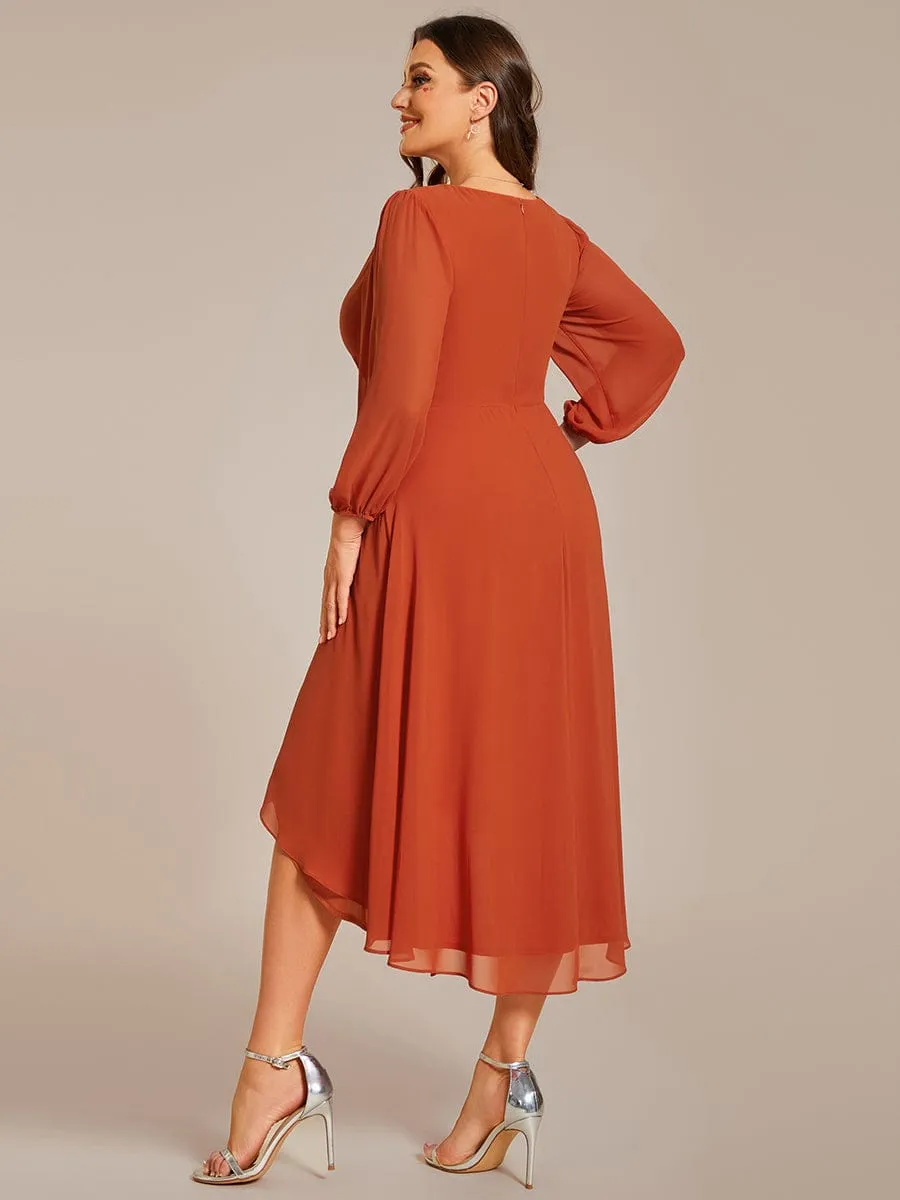 Long Sleeves Asymmetrical Hem A-Line Midi Wedding Guest Dress