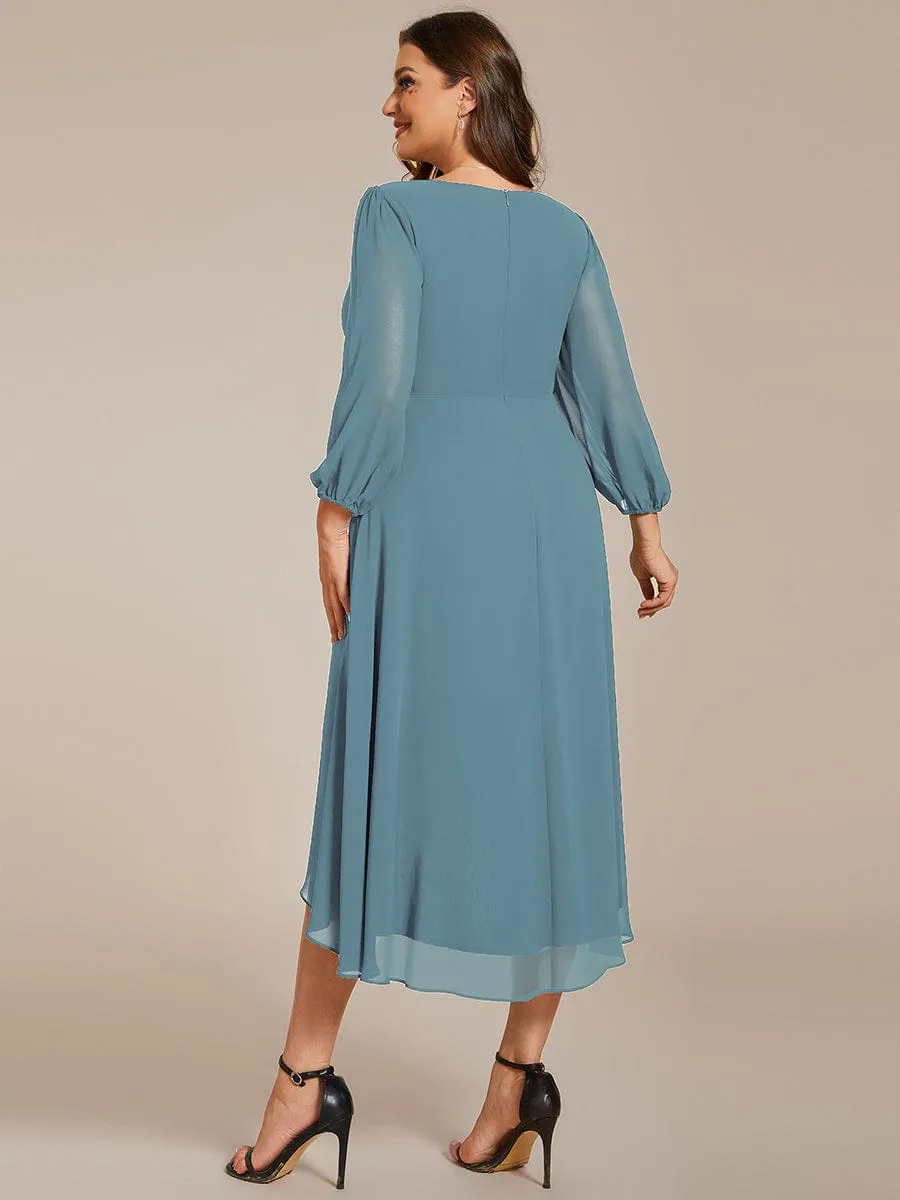 Long Sleeves Asymmetrical Hem A-Line Midi Wedding Guest Dress