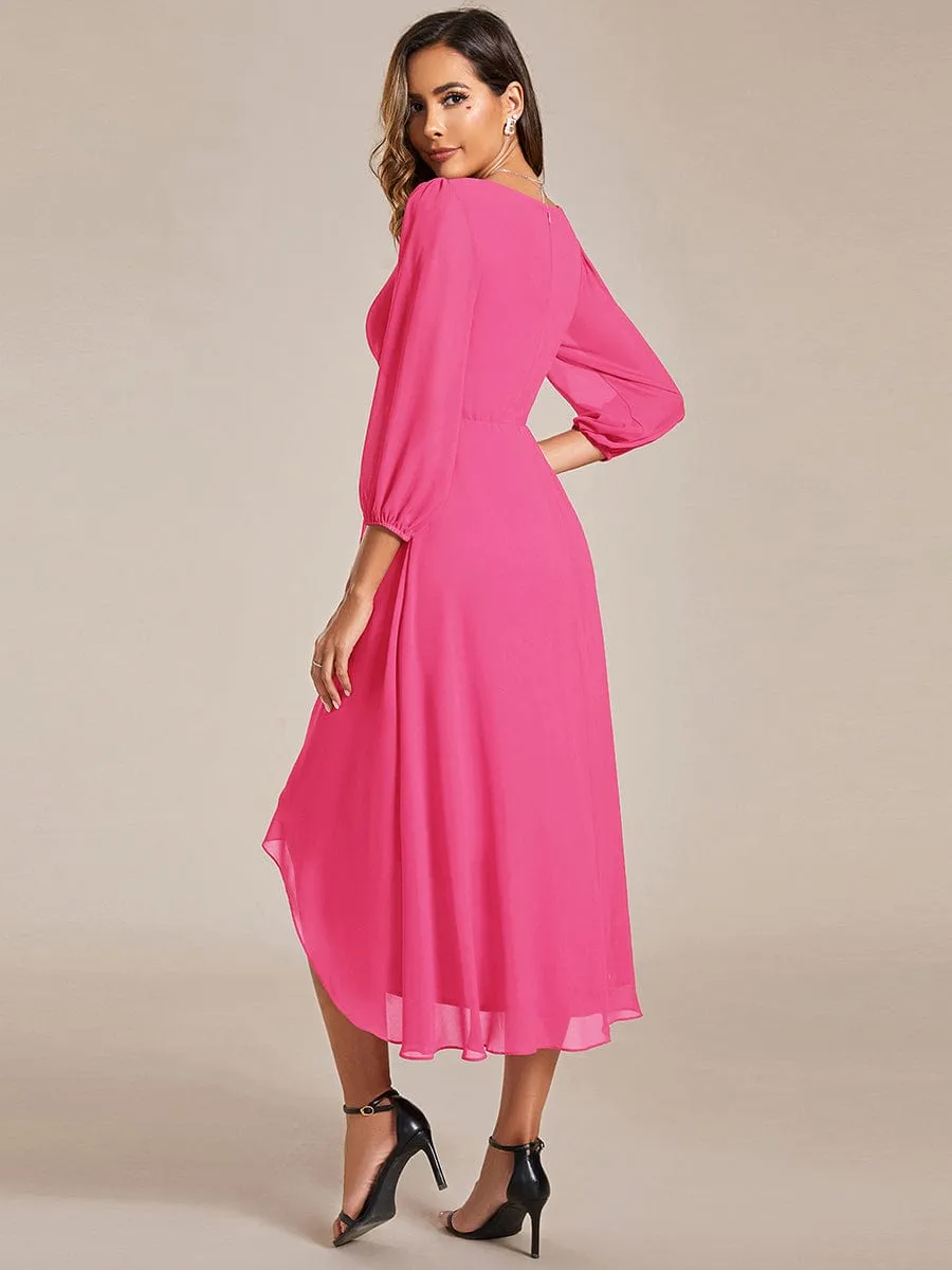 Long Sleeves Asymmetrical Hem A-Line Midi Wedding Guest Dress