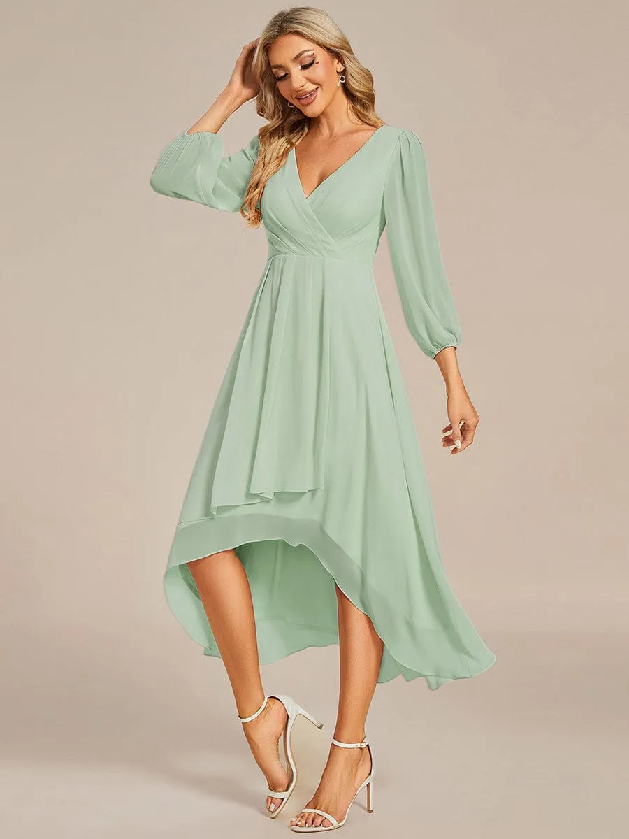 Long Sleeves Asymmetrical Hem A-Line Midi Wedding Guest Dress