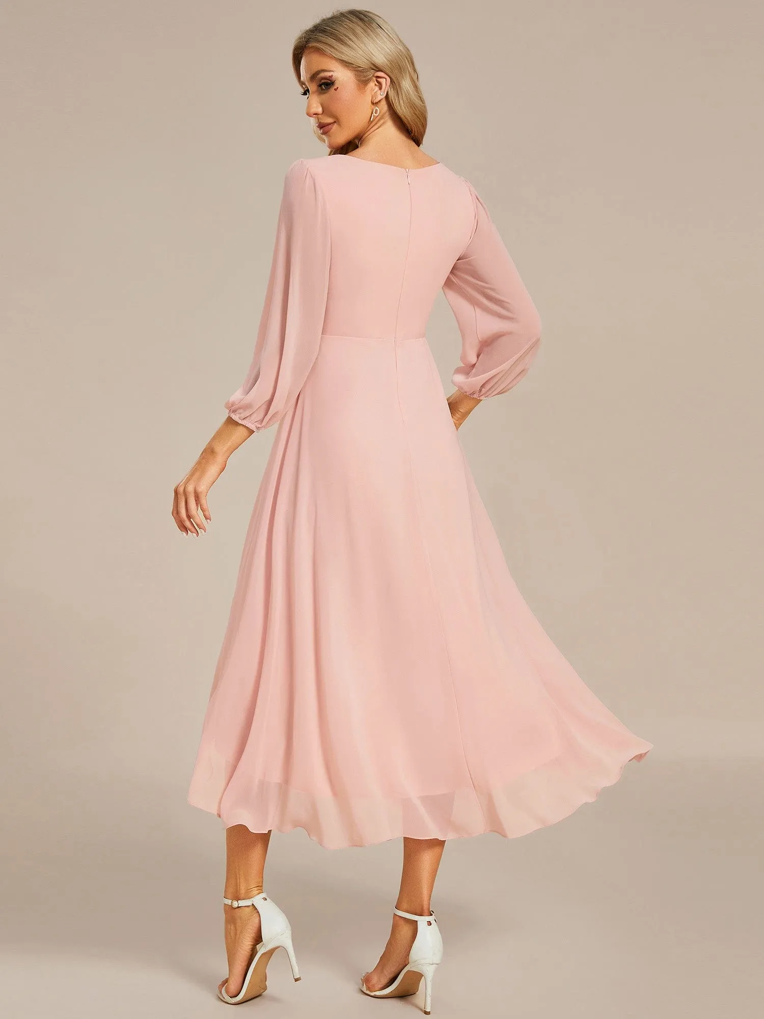 Long Sleeves Asymmetrical Hem A-Line Midi Wedding Guest Dress