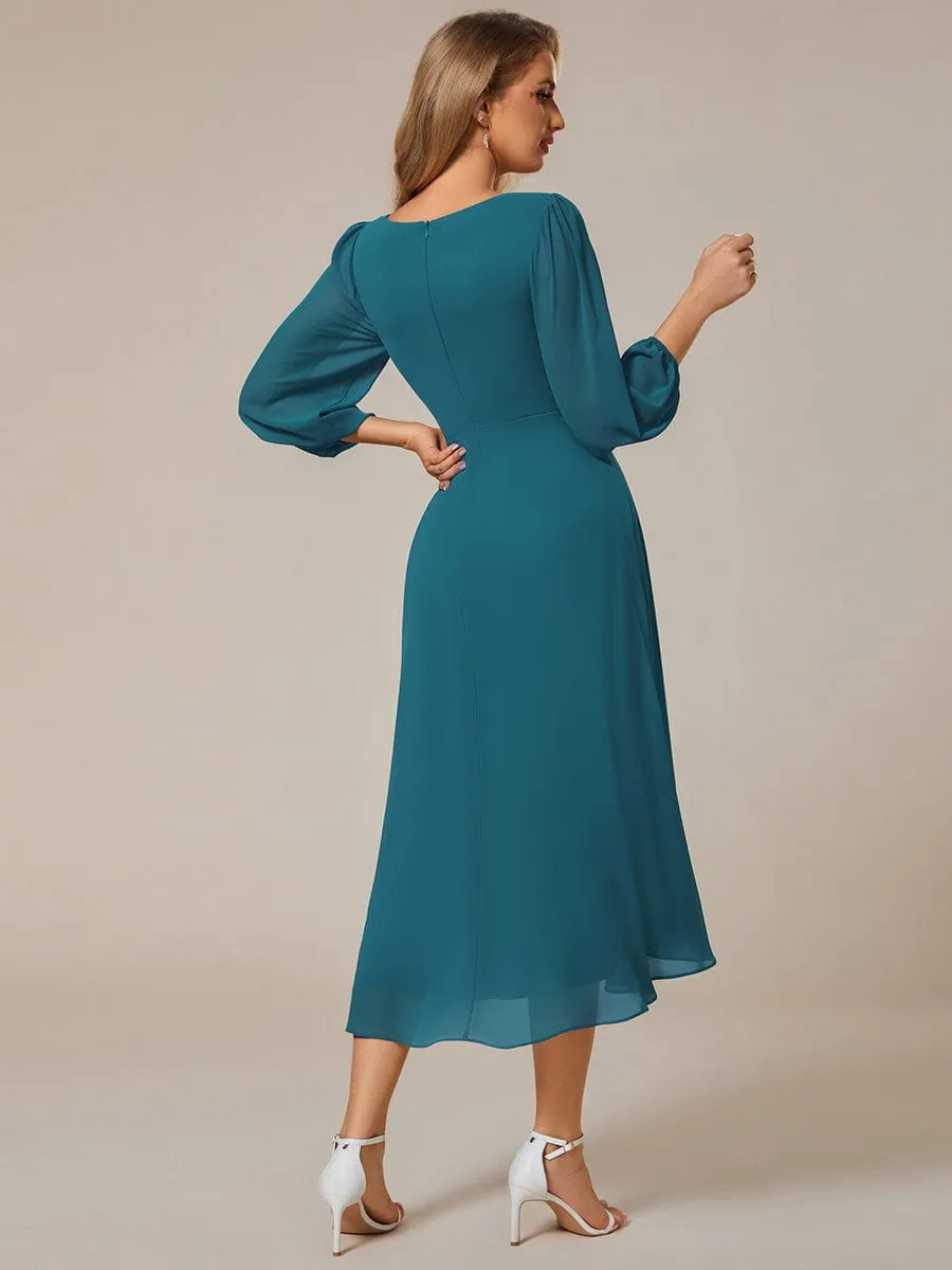 Long Sleeves Asymmetrical Hem A-Line Midi Wedding Guest Dress