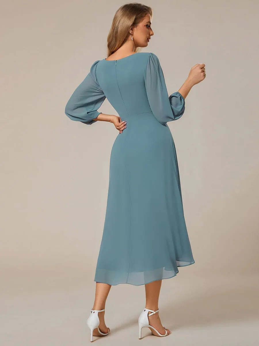 Long Sleeves Asymmetrical Hem A-Line Midi Wedding Guest Dress