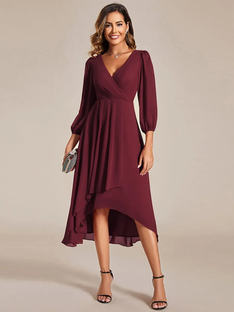 Long Sleeves Asymmetrical Hem A-Line Midi Wedding Guest Dress