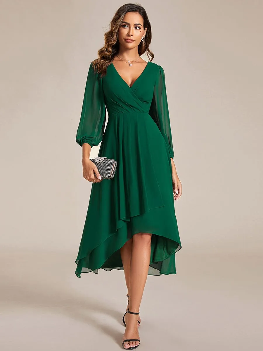 Long Sleeves Asymmetrical Hem A-Line Midi Wedding Guest Dress