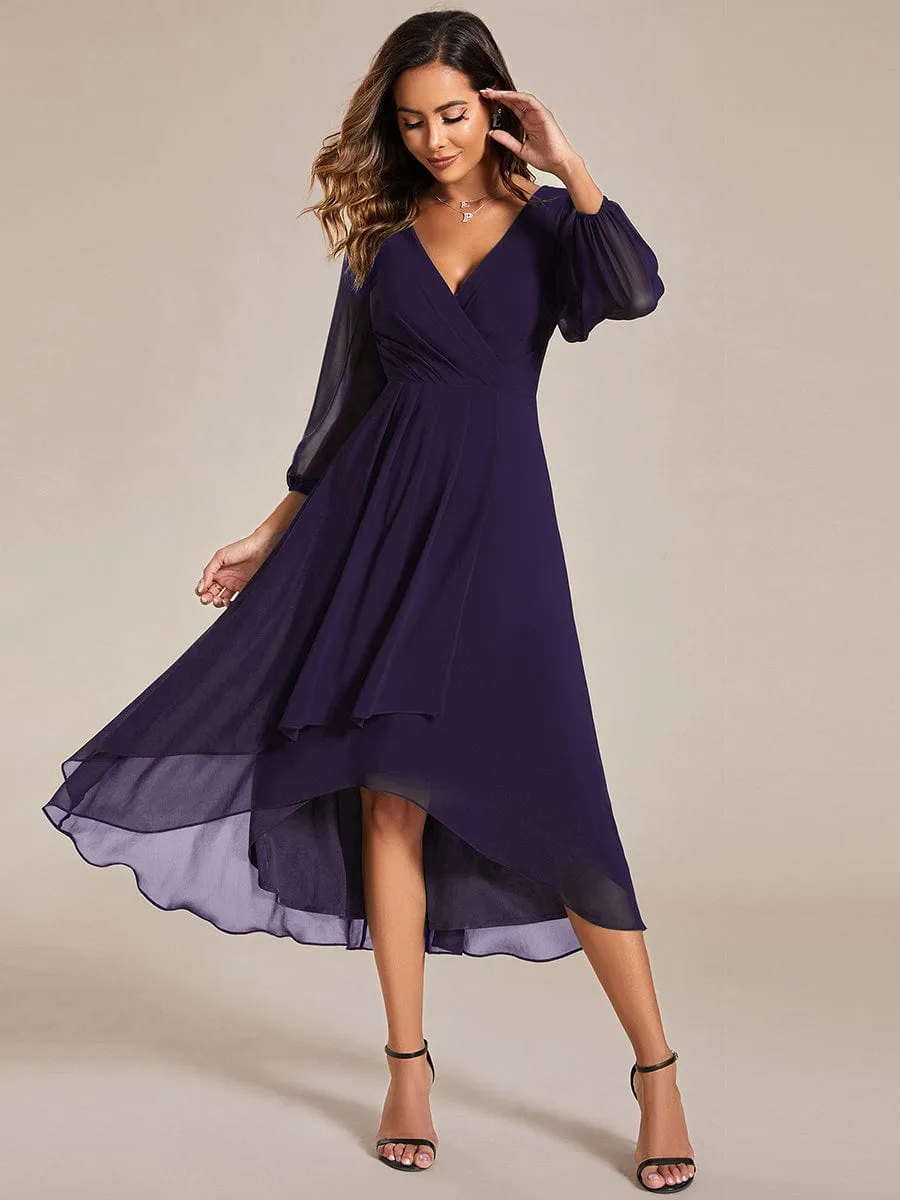 Long Sleeves Asymmetrical Hem A-Line Midi Wedding Guest Dress