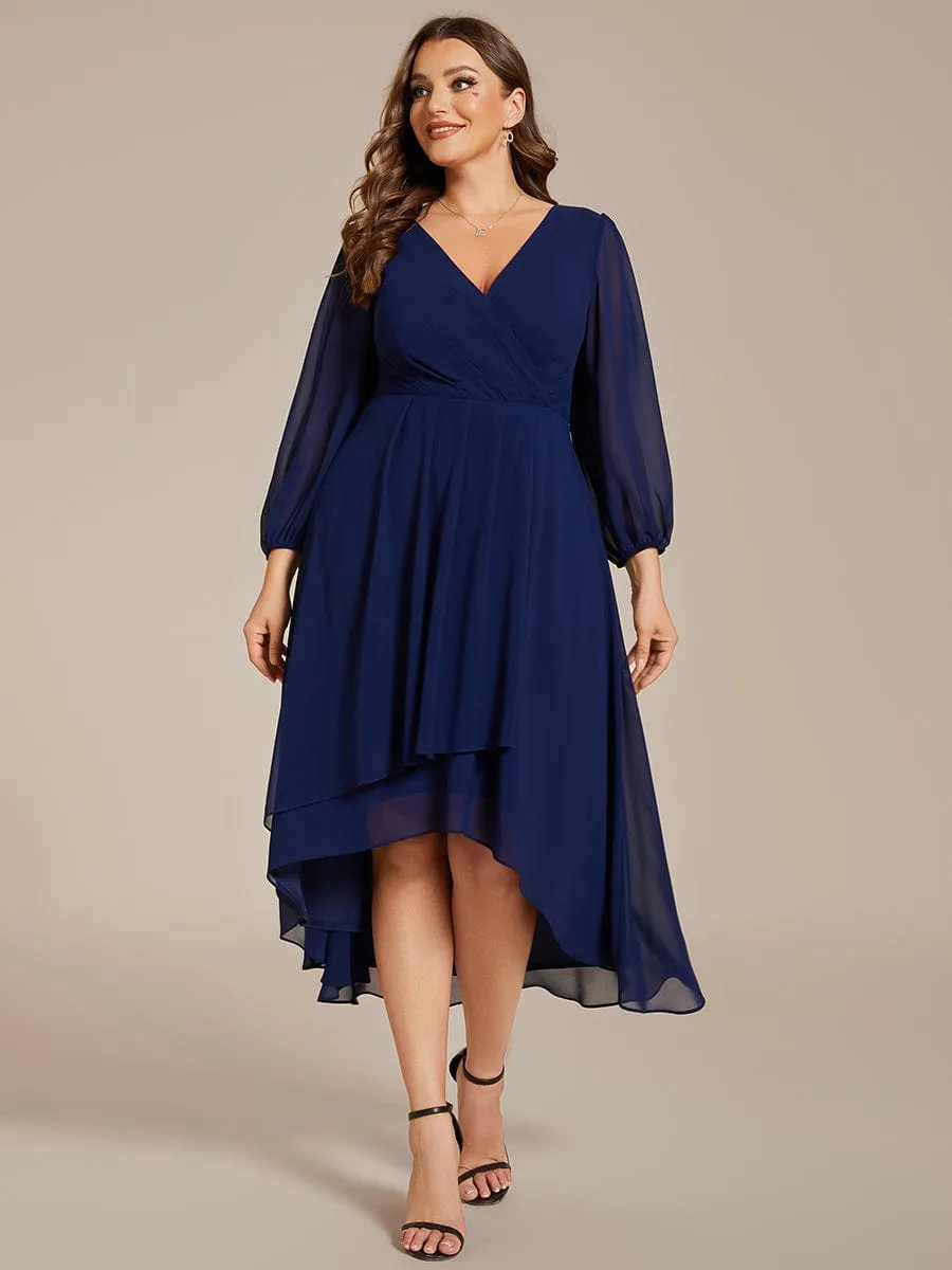 Long Sleeves Asymmetrical Hem A-Line Midi Wedding Guest Dress