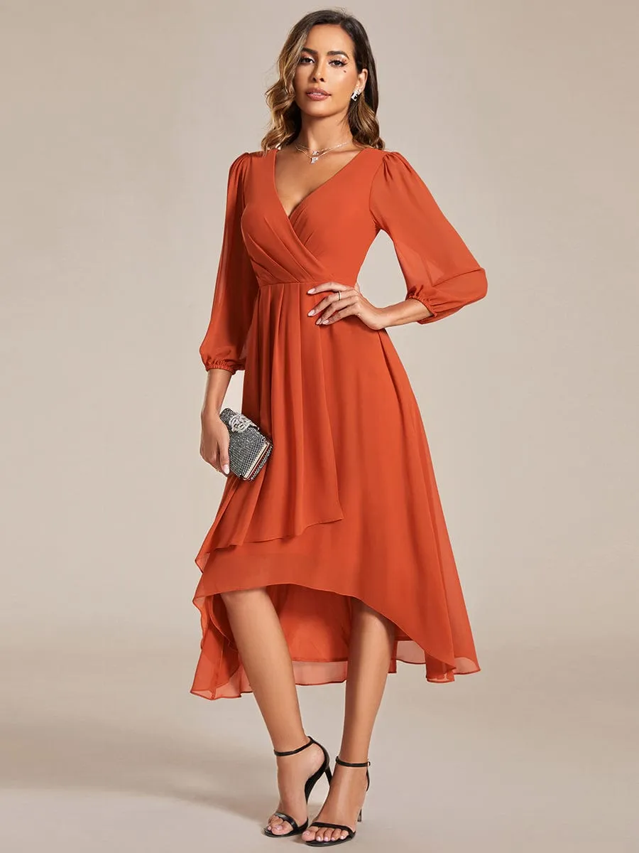 Long Sleeves Asymmetrical Hem A-Line Midi Wedding Guest Dress