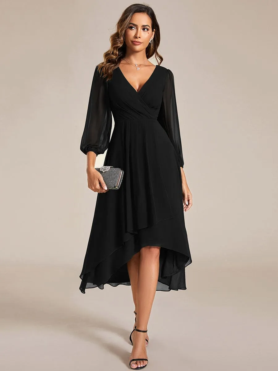 Long Sleeves Asymmetrical Hem A-Line Midi Wedding Guest Dress