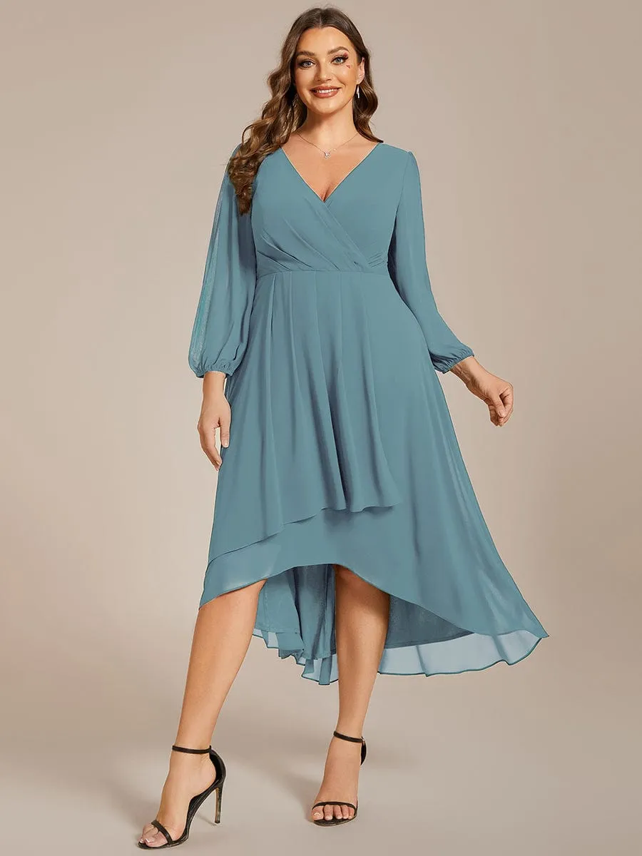 Long Sleeves Asymmetrical Hem A-Line Midi Wedding Guest Dress