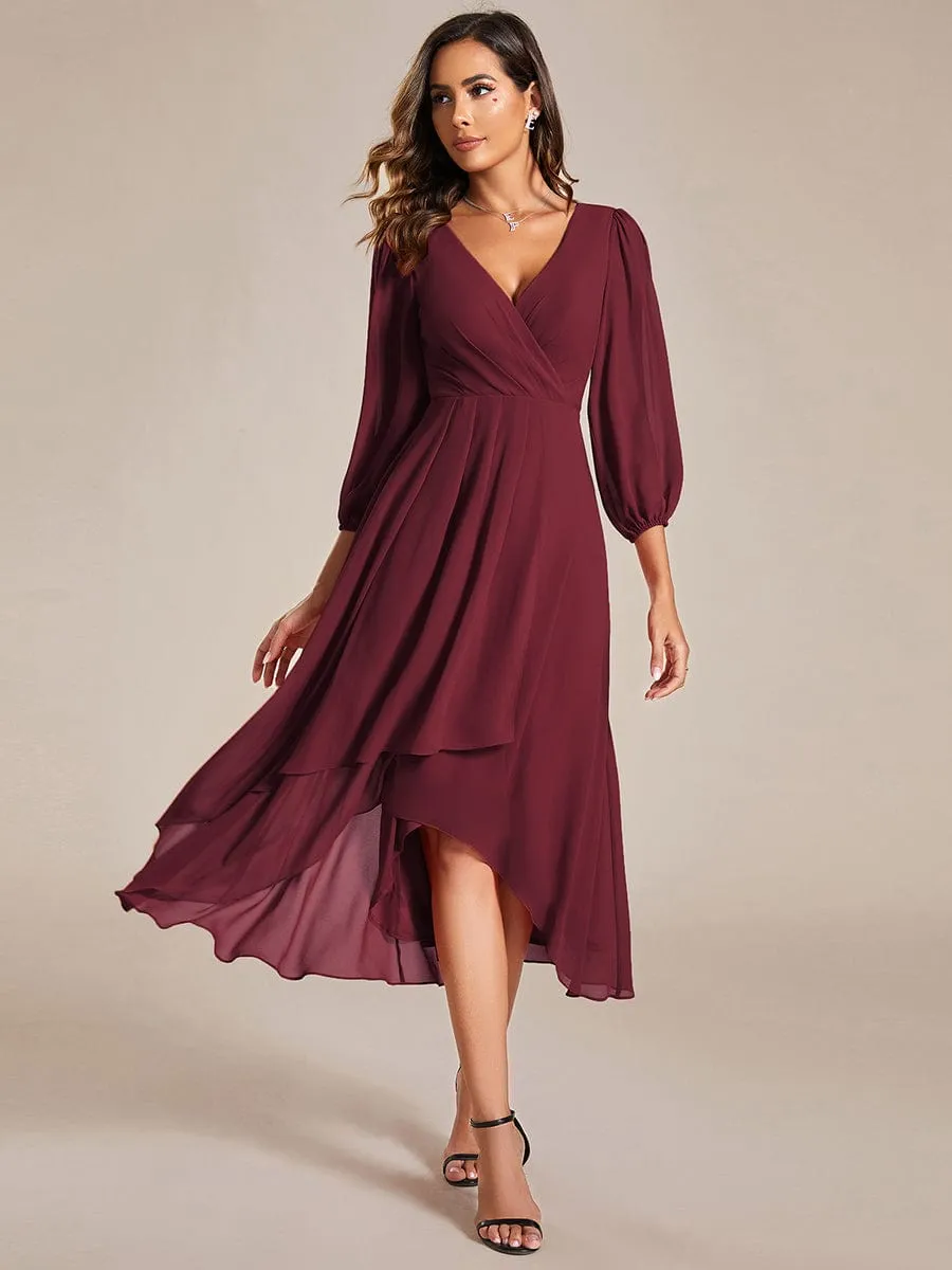 Long Sleeves Asymmetrical Hem A-Line Midi Wedding Guest Dress