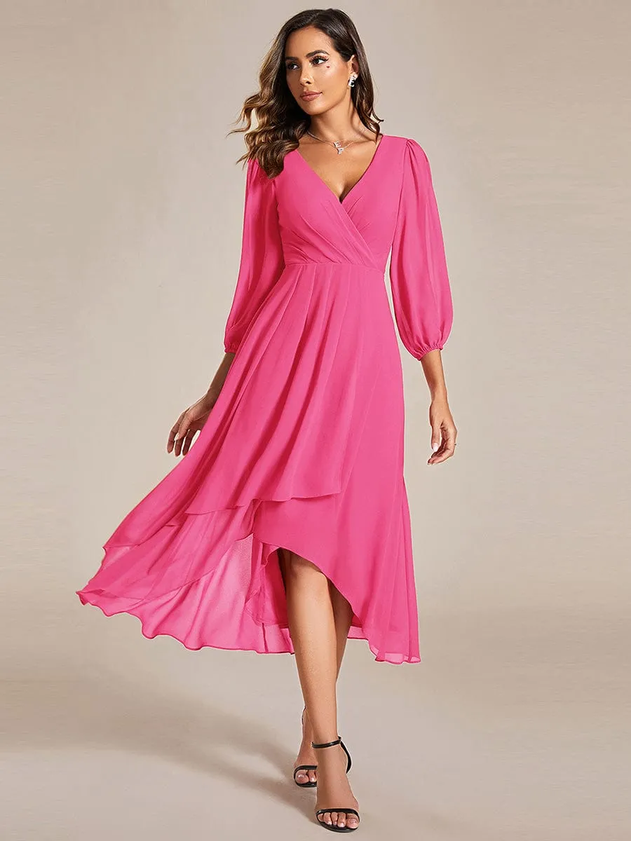 Long Sleeves Asymmetrical Hem A-Line Midi Wedding Guest Dress