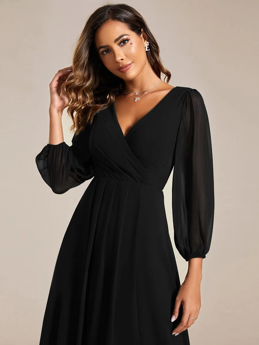 Long Sleeves Asymmetrical Hem A-Line Midi Wedding Guest Dress