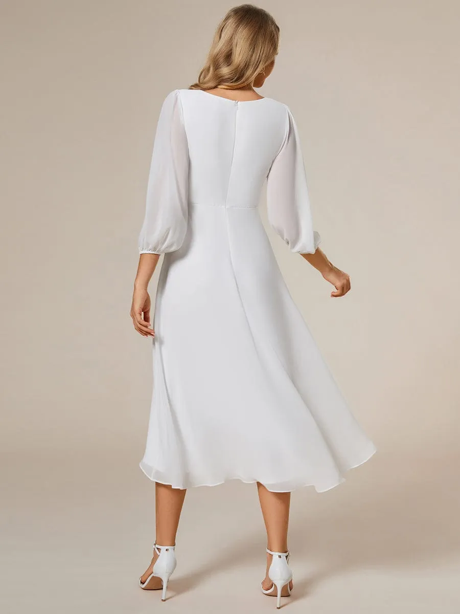 Long Sleeves Asymmetrical Hem A-Line Midi Wedding Guest Dress