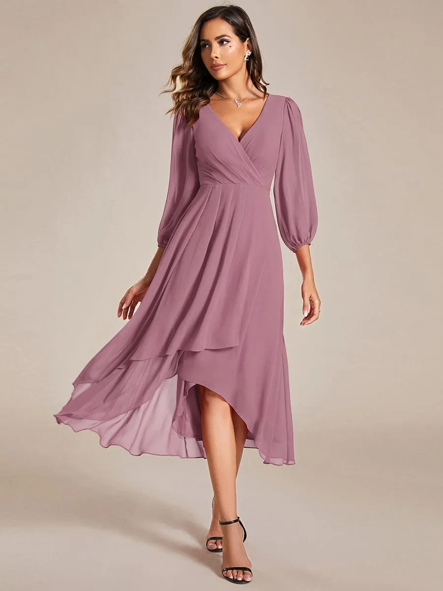 Long Sleeves Asymmetrical Hem A-Line Midi Wedding Guest Dress