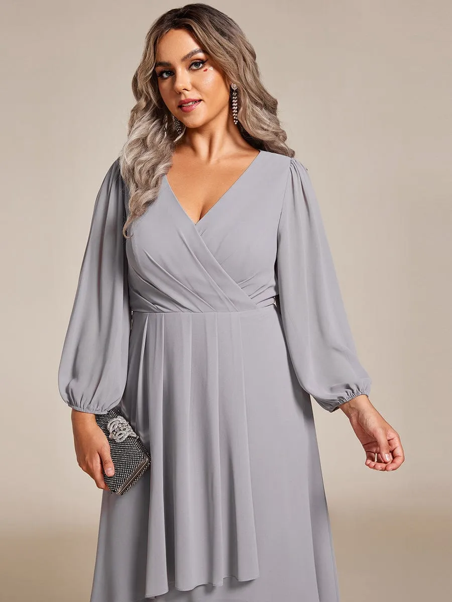 Long Sleeves Asymmetrical Hem A-Line Midi Wedding Guest Dress