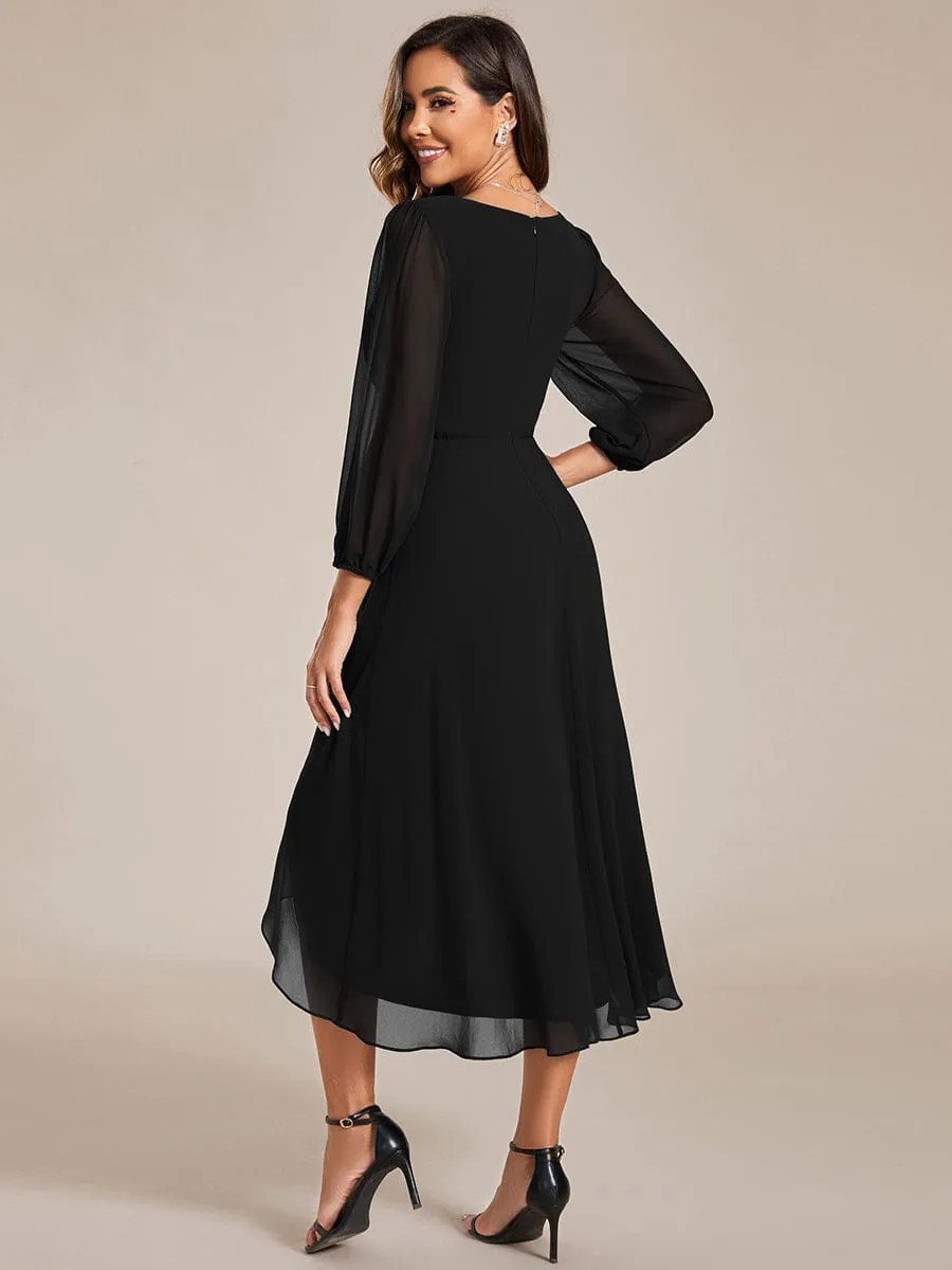 Long Sleeves Asymmetrical Hem A-Line Midi Wedding Guest Dress