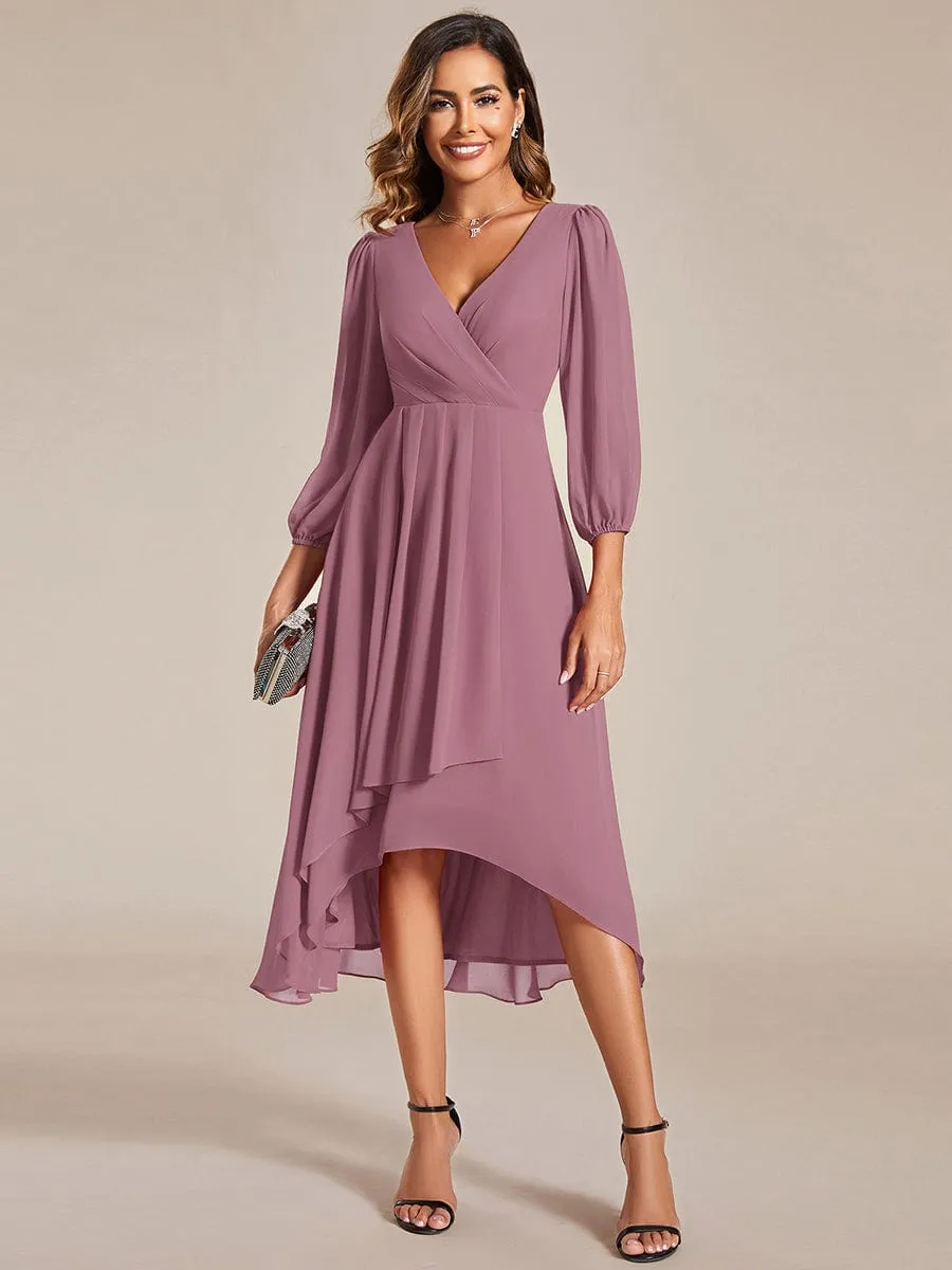 Long Sleeves Asymmetrical Hem A-Line Midi Wedding Guest Dress