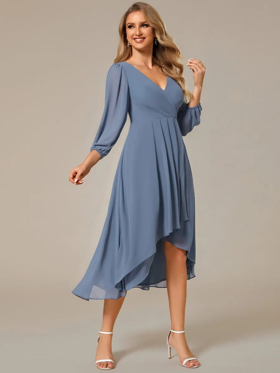 Long Sleeves Asymmetrical Hem A-Line Midi Wedding Guest Dress