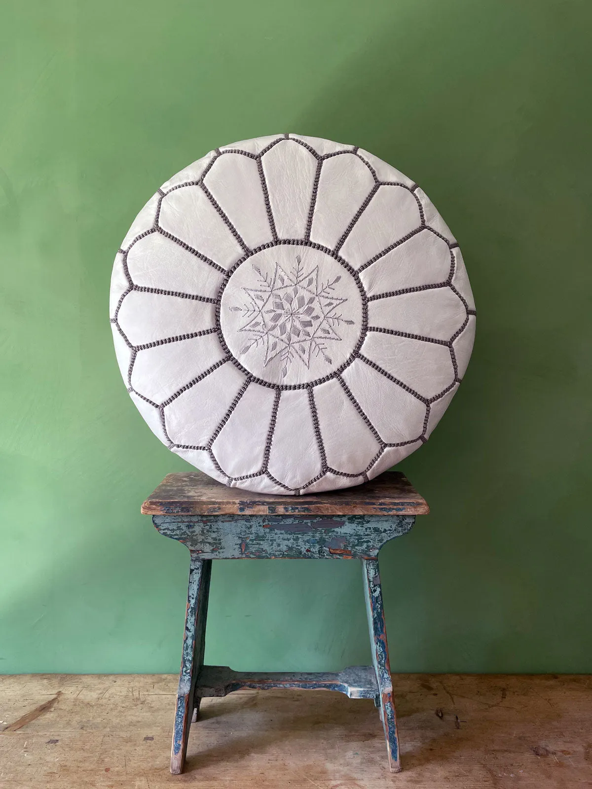 Moroccan Leather Pouffe, White and Grey