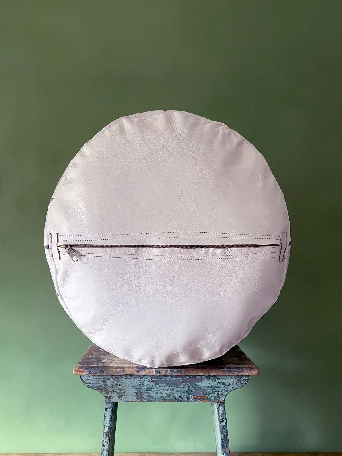 Moroccan Leather Pouffe, White and Grey