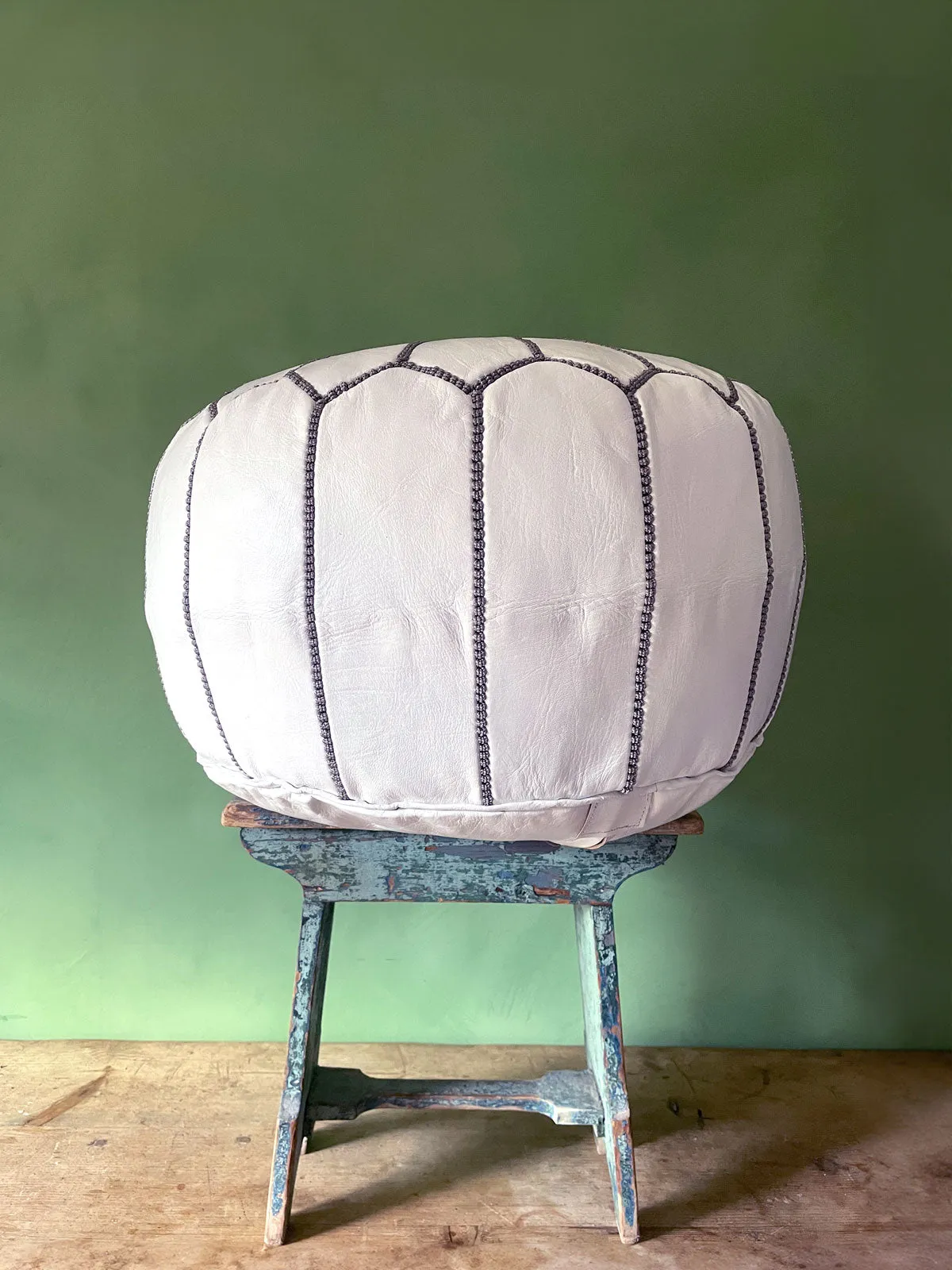 Moroccan Leather Pouffe, White and Grey