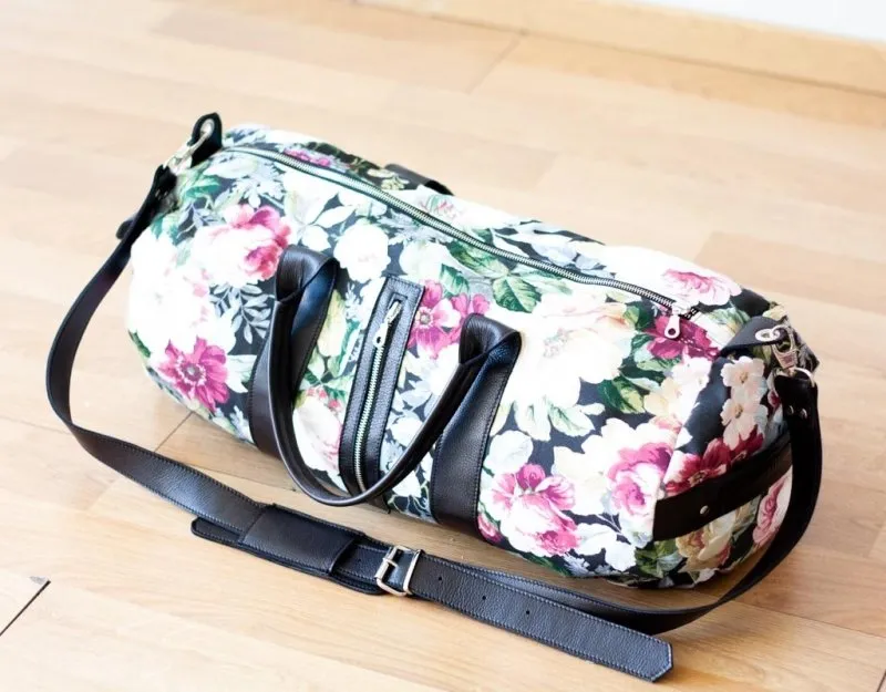 Nestor duffel bag - Black leather & Floral canvas