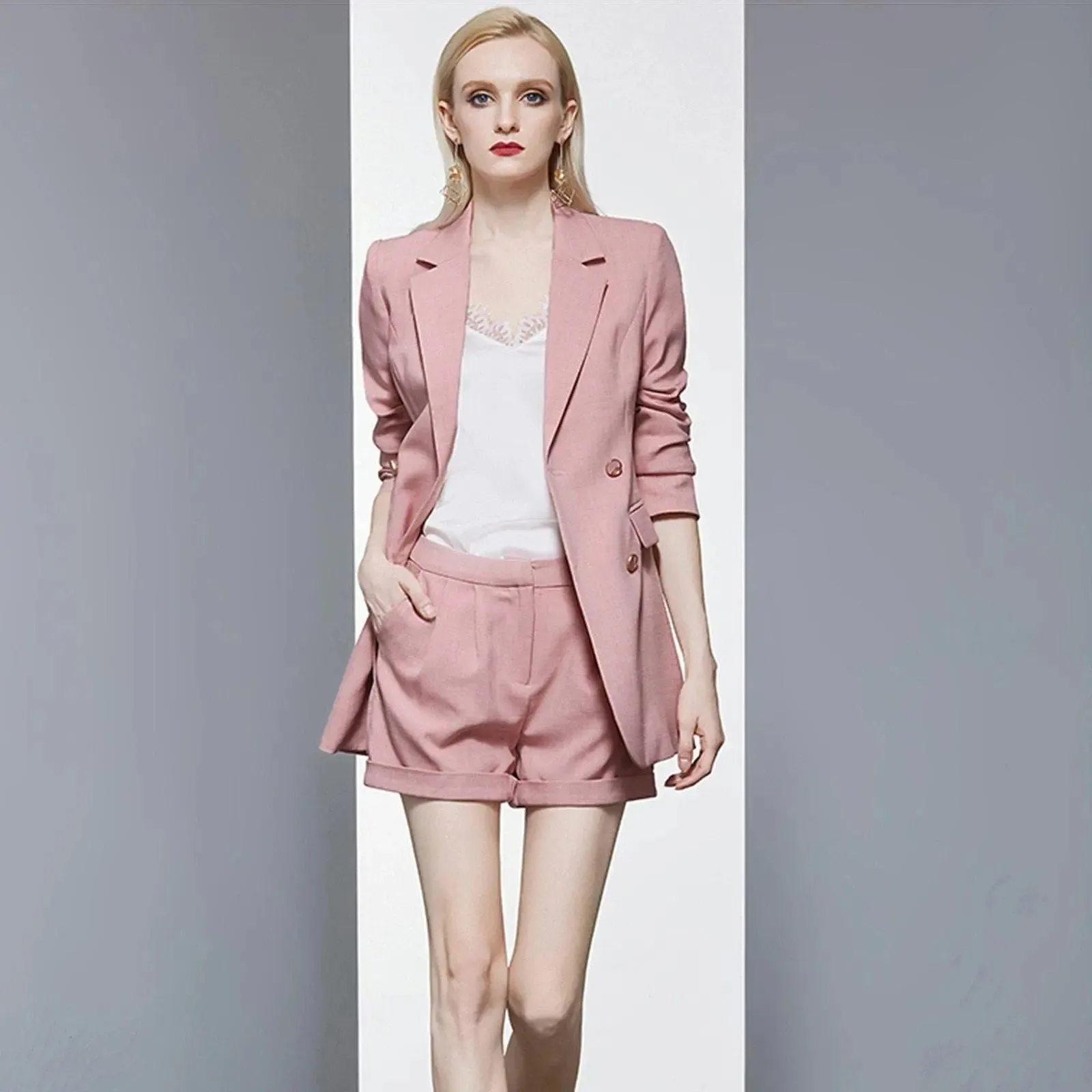 Pink Double Breasted Blazer & Shorts Set