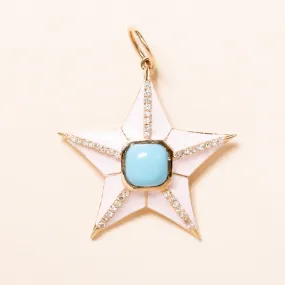 Pink Enamel and Diamond Star with Turquoise Pendant