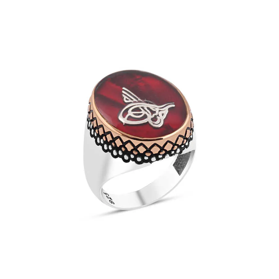 Red Enameled Ottoman Tughra on Ellipse Silver Men's Ring with Pointed Top Pattern