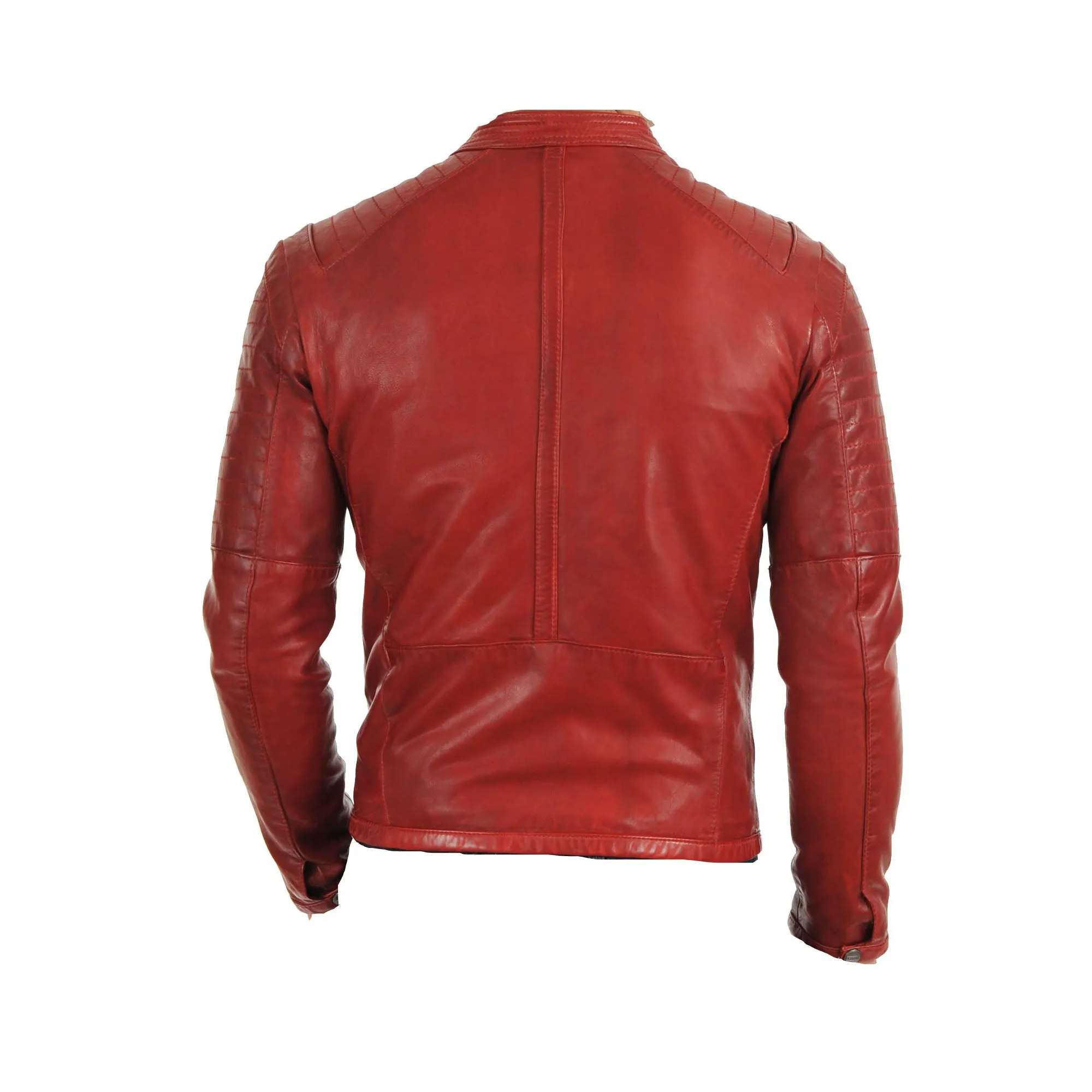 Red moto style jacket with stitching pattern