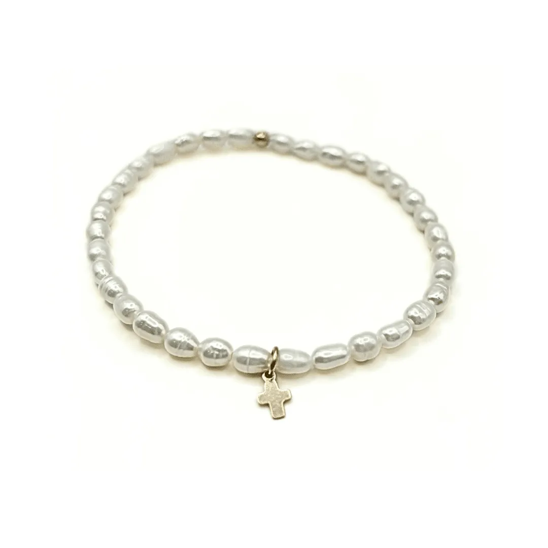 Rice Pearl Waterproof Bracelet with a Gold-Filled Luxe Cross