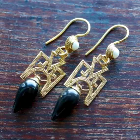 Russian Deco Onyx Screw Back Earrings