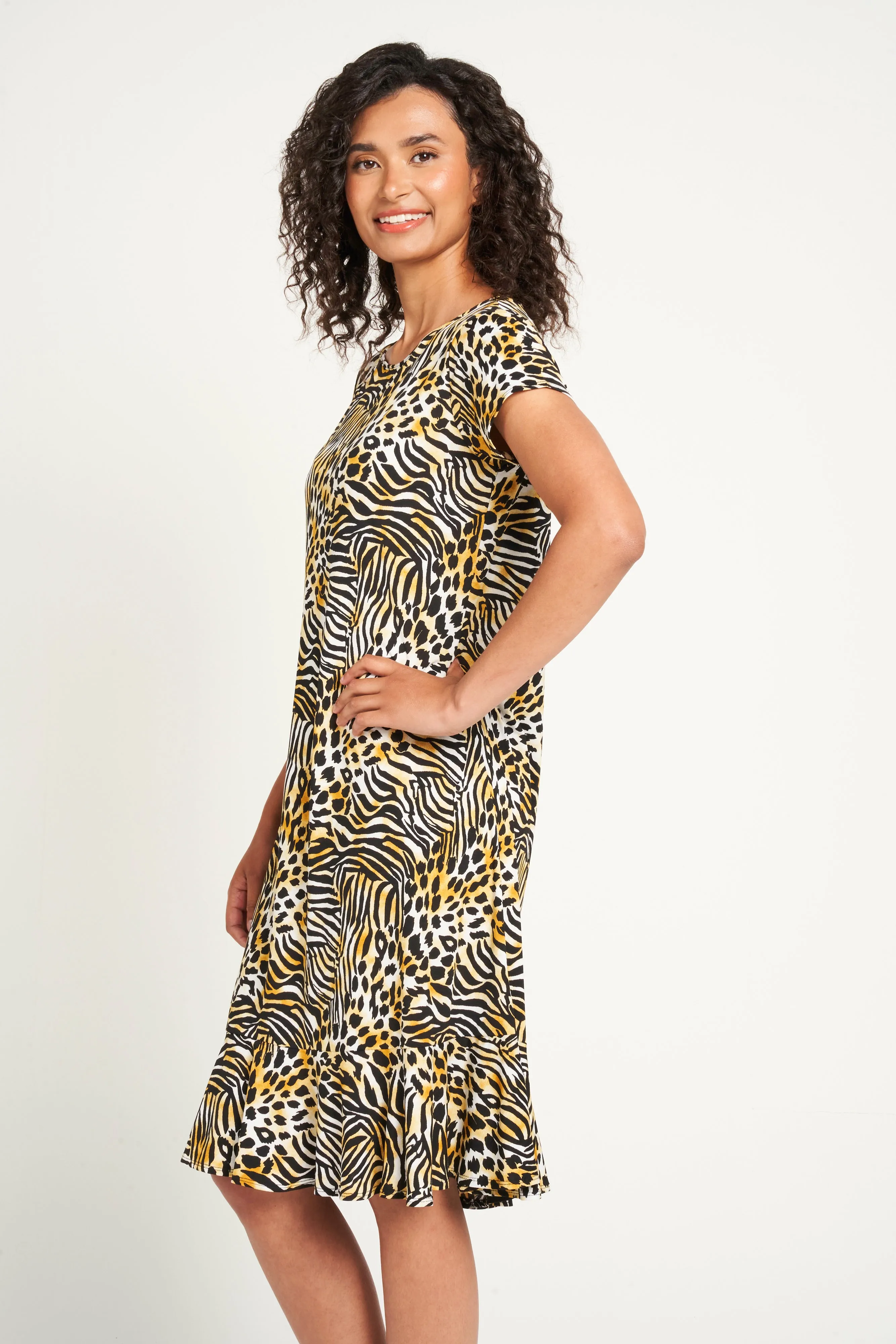 Saloos Knee Length Animal Print Dress with Frilled Hem