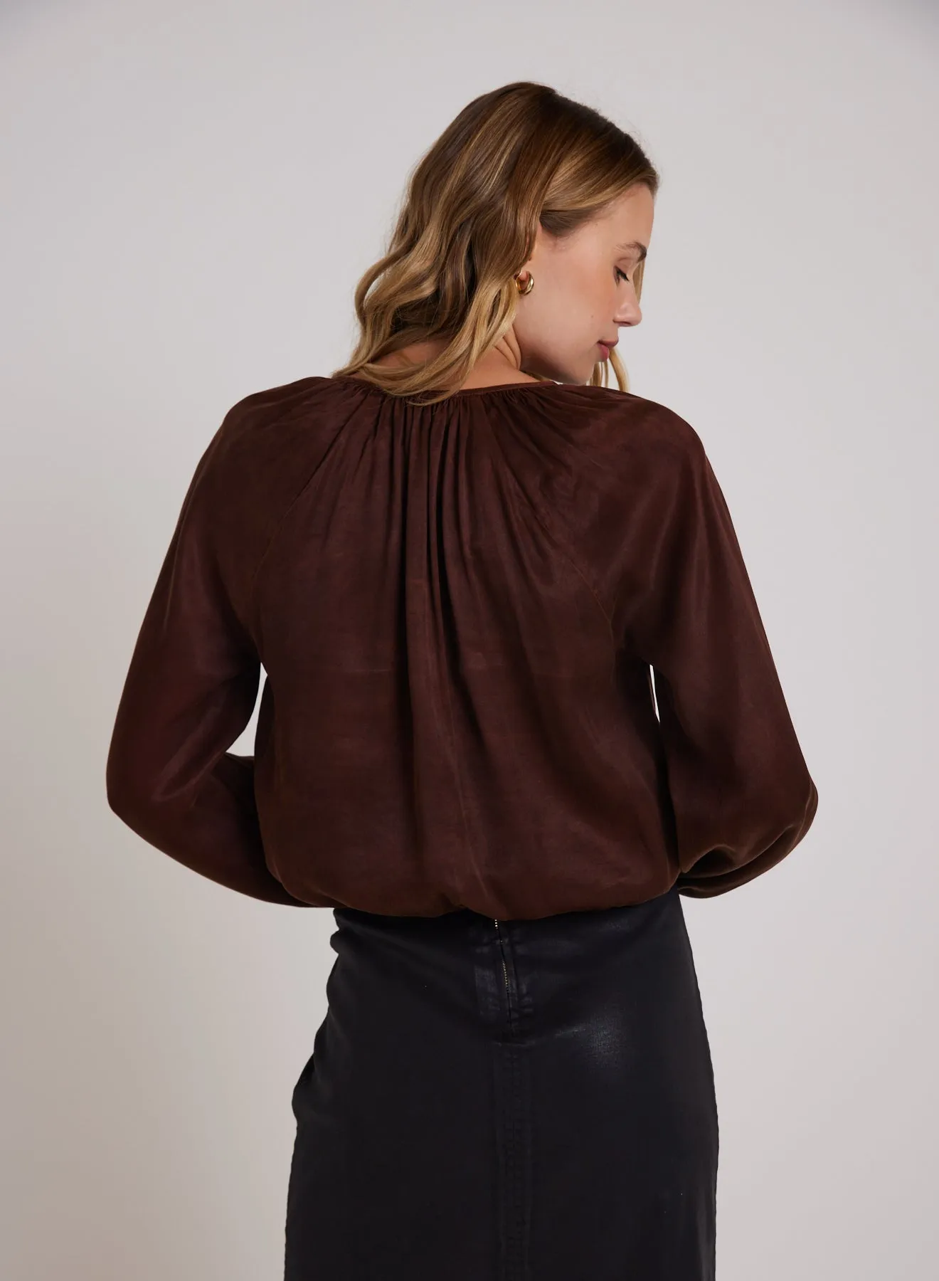 Shirred Button Front Blouse - Mahogany Brown