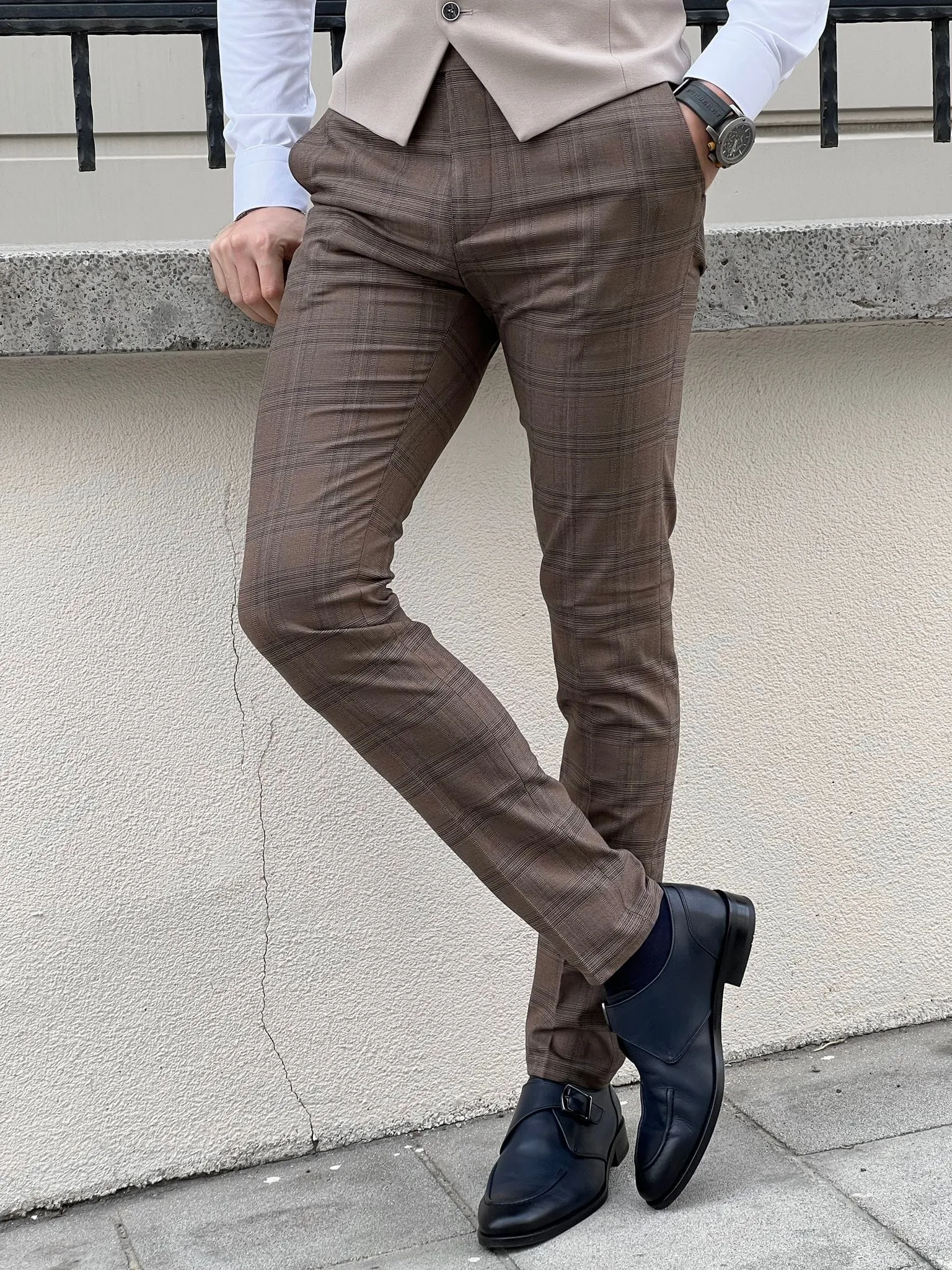 Slim Fit Plaid Wool Brown Men’s Fabric Pants