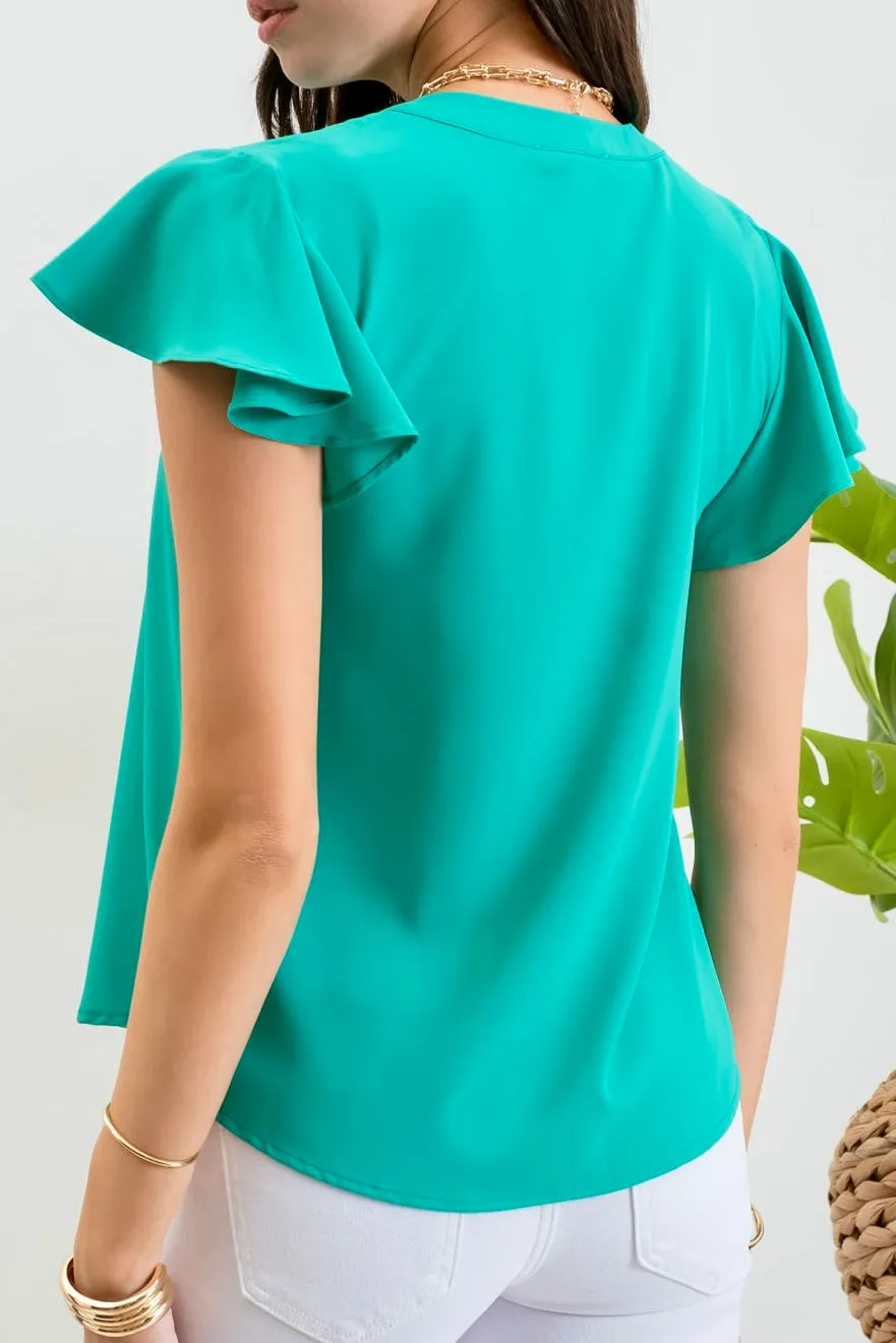 Solid Flutter Sleeve Woven Top- Kelly Green