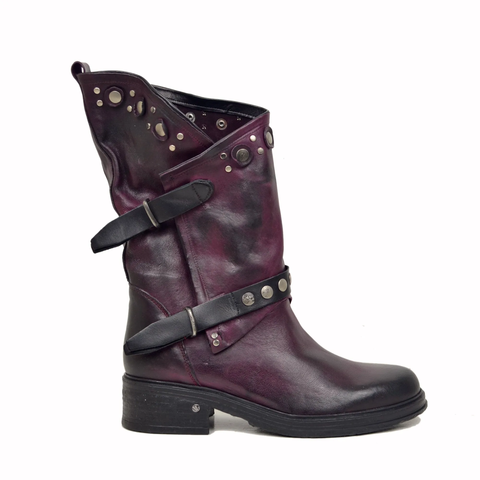 Stivali Donna Biker Bordeaux in Pelle con Borchie e Zip