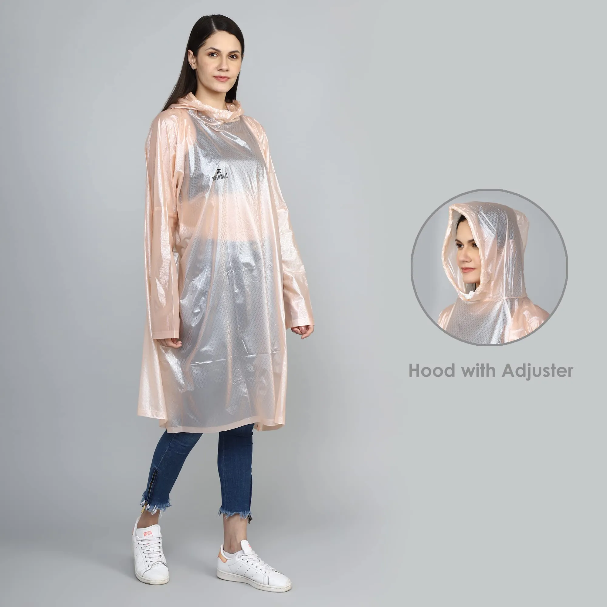 THE CLOWNFISH Avalon Series Womens Waterproof PVC Transparent Self Design Pullover Longcoat/Raincoat with Adjustable Hood (Peach, XX-Large)