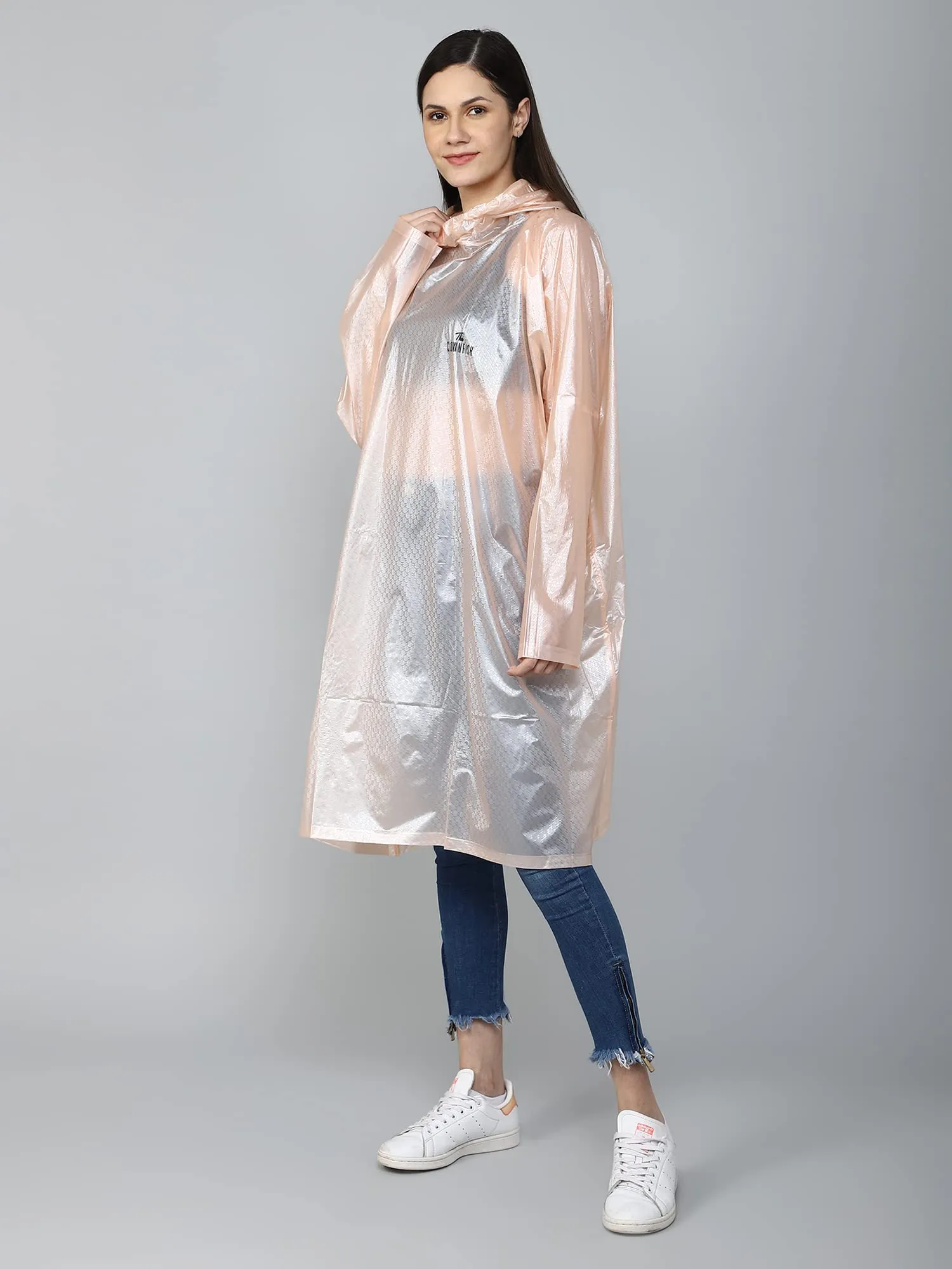 THE CLOWNFISH Avalon Series Womens Waterproof PVC Transparent Self Design Pullover Longcoat/Raincoat with Adjustable Hood (Peach, XX-Large)