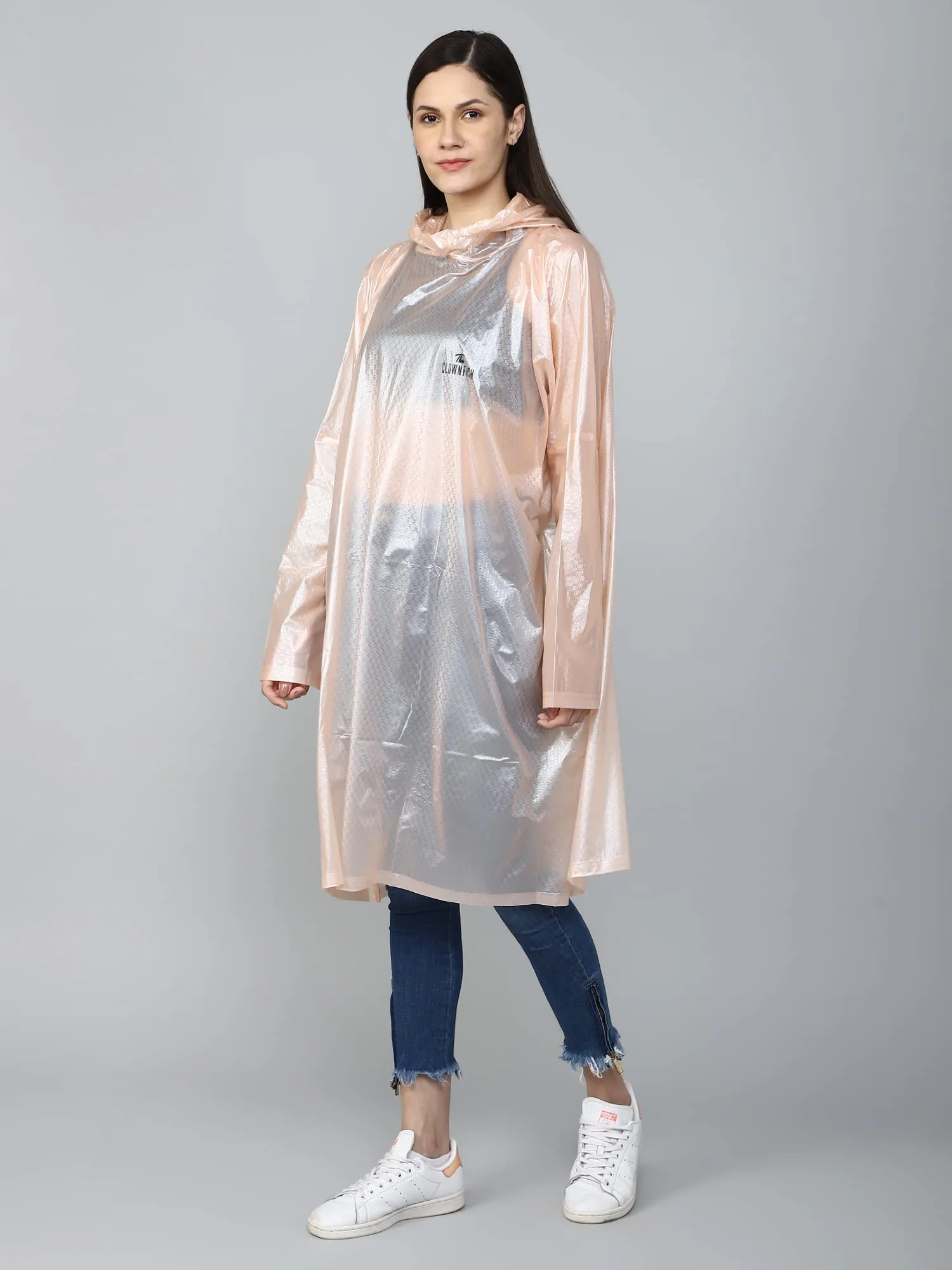 THE CLOWNFISH Avalon Series Womens Waterproof PVC Transparent Self Design Pullover Longcoat/Raincoat with Adjustable Hood (Peach, XX-Large)