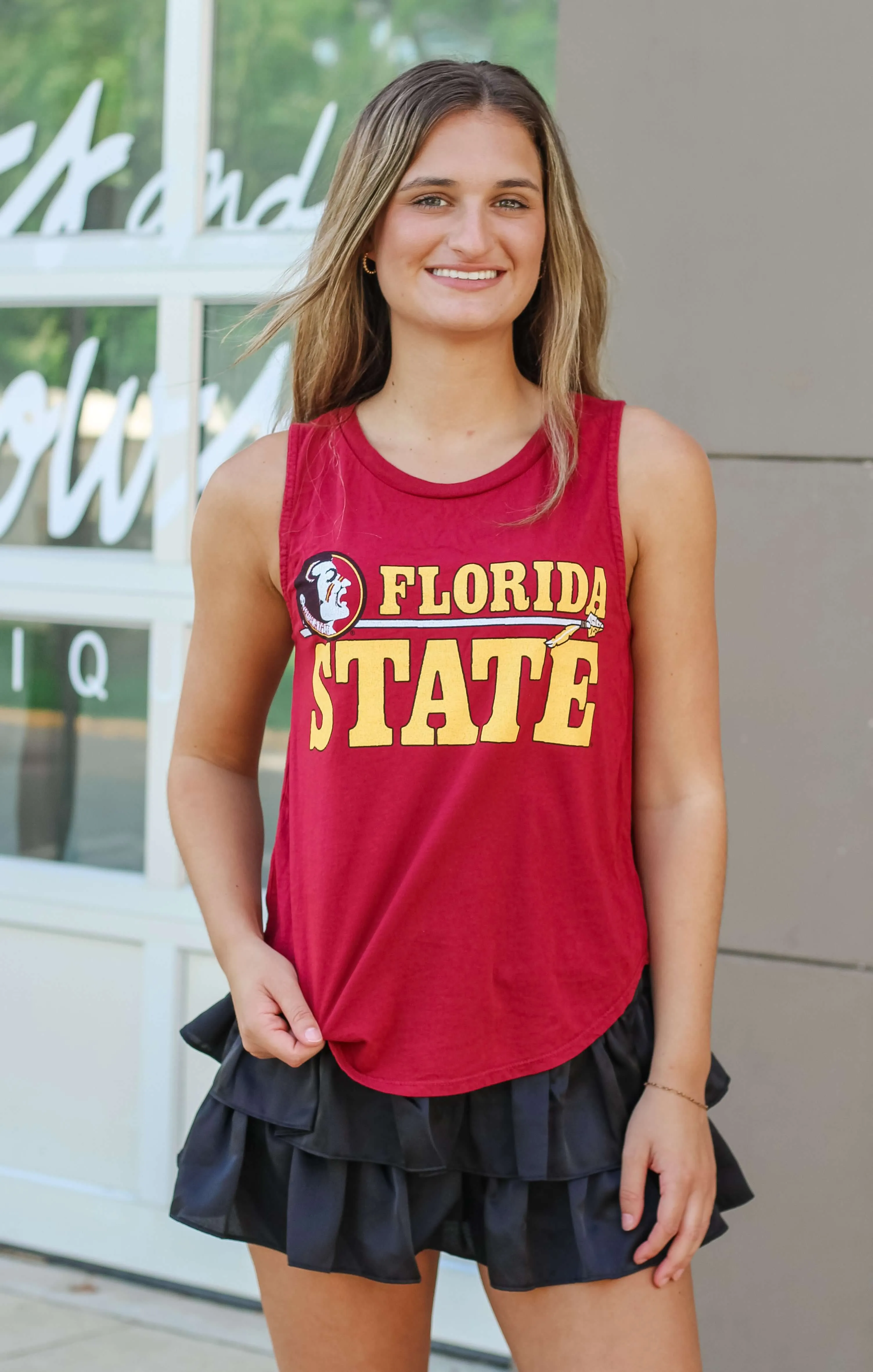 The FSU Arrow Vintage Curve Hem Tank (Garnet)