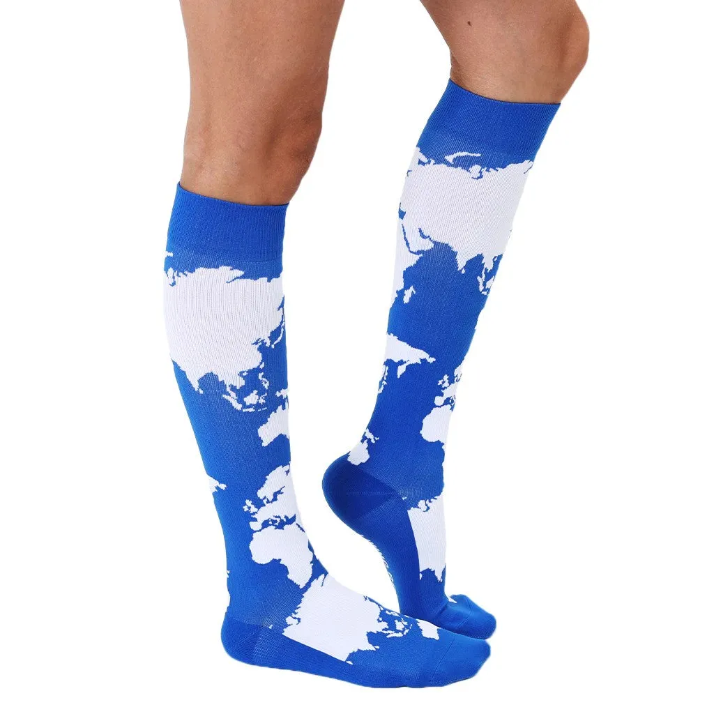 Travel Compression Socks with a Map Print with 15-20 mmHg