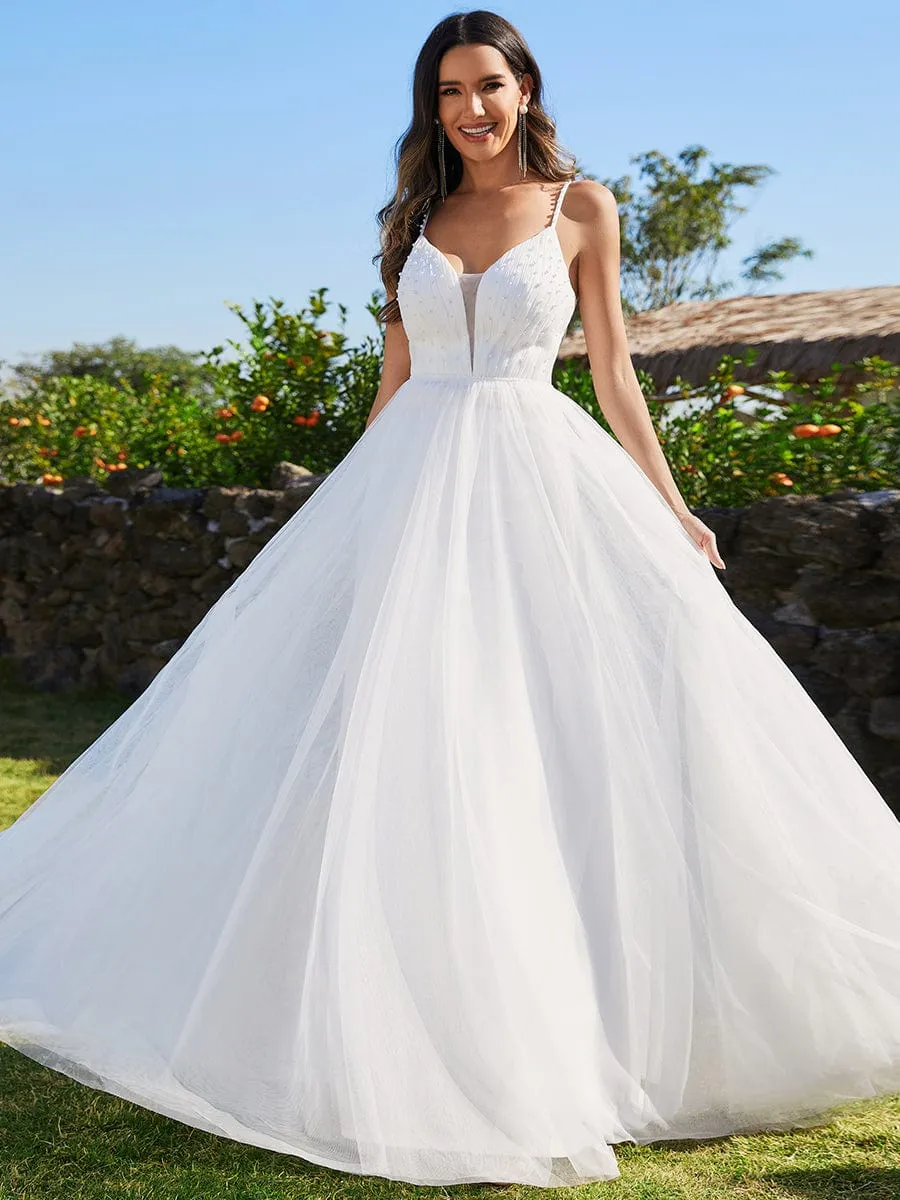 V-Neck A-Line Wedding Dress featuring Delicate Pearl Accents