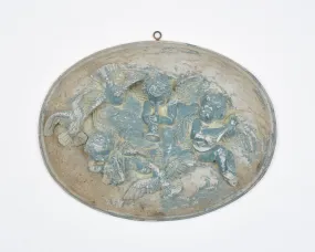 Vintage Angels Cherubs and Flying Doves Dimensional Wall Decor-Oval Architectural Plaque-Weathered Blue Grey Finish-Neoclassical Home Décor