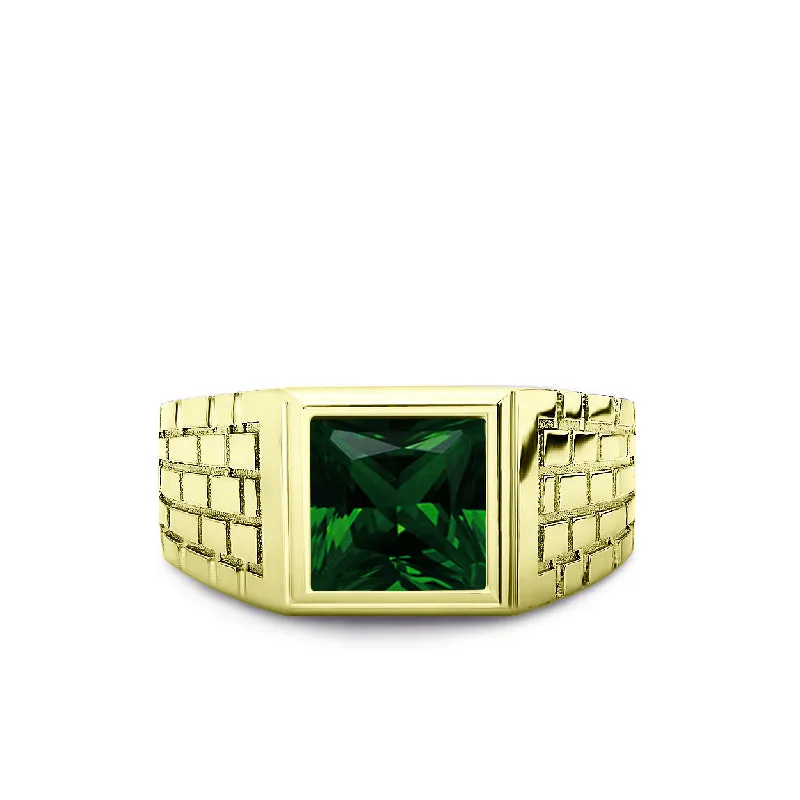 Wedding Band Ring for Him Green Emerald in Solid 10K Yellow Gold