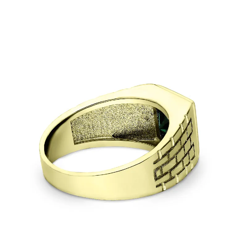 Wedding Band Ring for Him Green Emerald in Solid 10K Yellow Gold