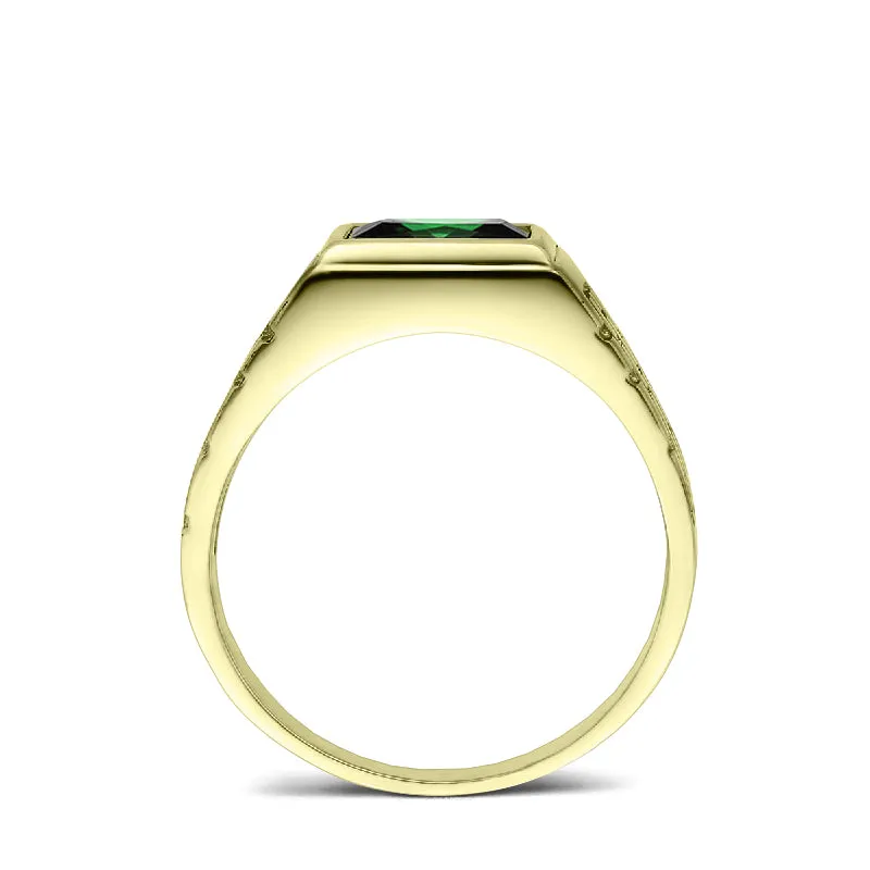 Wedding Band Ring for Him Green Emerald in Solid 10K Yellow Gold